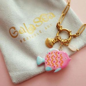 Chic 18K gold plated paperclip chain necklace with colorful fish and shell pendants