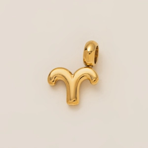 Polished gold Aries zodiac pendant close-up with stainless steel metallic texture