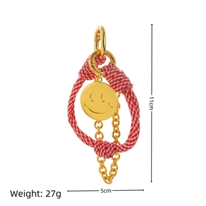 Colorful rope keychain bag charm with gold smiley face pendant and lobster clasp, 11cm