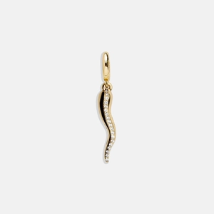 Détail macro du pendentif corne italienne plaqué or 18K avec cristaux clairs sur le côté