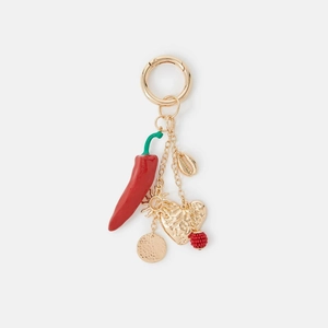 Porte-clés vintage en métal doré avec pendentifs piment rouge, soleil et cœur élégant