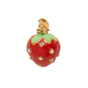 18K gold plated stainless steel strawberry pendant with red enamel and crystals