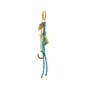 Bohemian gold keychain with turquoise woven rope, star and horseshoe charms on white background