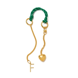 Green braided rope keychain with gold heart charm and letter F pendant for handbags