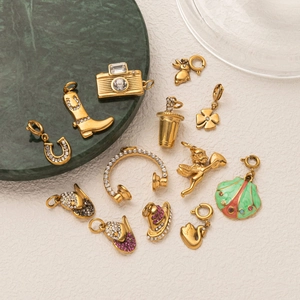 DIY charms set including camera, boots, and clover in 18K gold plated stainless steel