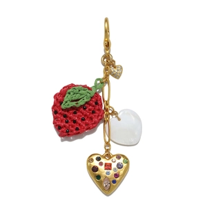 Porte-clés pendentif fraise et cœur en zircon plaqué or 18K pour bijoux DIY