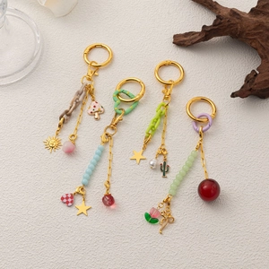 DIY Bohemium Colorful Bag Charm Keychain For Women 18K Gold Plated Copper Artificial Pearl Rhinestone Enamel Pendant