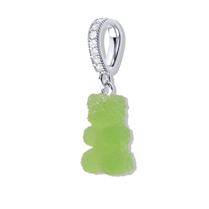 Detail of green gummy bear pendant with sugar-coated texture and silver crystal clasp