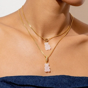 Double layered gold box chain necklace with translucent pink gummy bear resin pendants