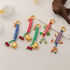 Handmade Braided Rope Keychain Bag Pendant With 18K Gold Plated Copper Heart Frog Cherry Cat Enamel Charm Jewelry For Women
