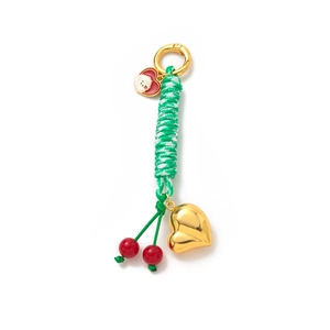 Green and white braided rope keychain with gold heart pendant and 18K gold-plated ring