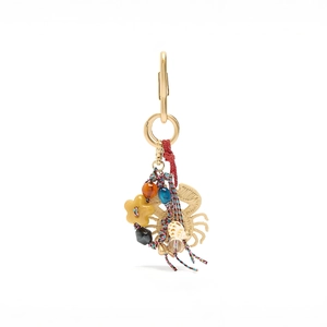 Detail of woven crab charm and colorful beads on a gold metal bag accessory