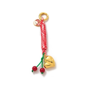 Braided cherry keychain with golden heart pendant and 18K gold plated metal ring hook