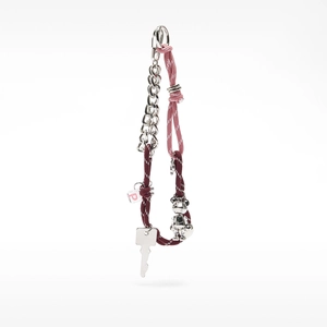 Chic silver chain bag charm with woven cords, metal bear pendant and letter P bead