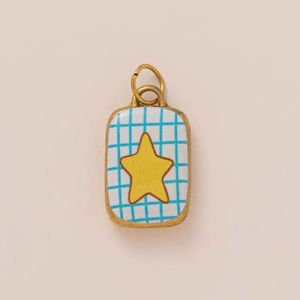 Golden square pumpkin pendant with blue checkered pattern and a yellow star charm