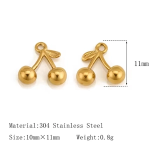 Detailed close-up of 304 stainless steel cherry charm in 18K gold plated finish
