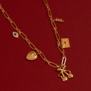 18K vergoldete Edelstahlhalskette mit Evil Eye, Herz, Kirsche und Umschlag-Anhängern
