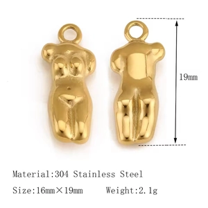 Polished 18K gold-plated 304 stainless steel female torso pendants, 16x19mm jewelry charms
