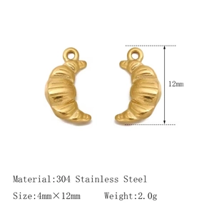 Detail of 18K gold-plated 304 stainless steel croissant shaped charms, 4mm x 12mm size