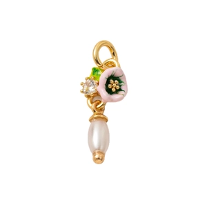 Pendentif fleur plaqué or 18K avec pétales émaillés roses, zircon et perle goutte