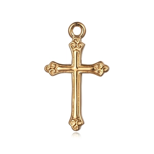 Detailaufnahme eines verzierten Kreuzanhängers aus 18K vergoldetem Edelstahl im Retro-Stil