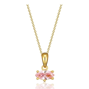 Close-up of gold necklace featuring a marquise-cut pink birthstone in a four-prong setting