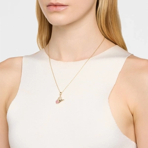 18k gold plated stainless steel cowboy hat pendant necklace with pink crystals on model