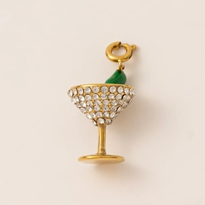 Gold martini glass pendant with crystals and green olive detail for jewelry making