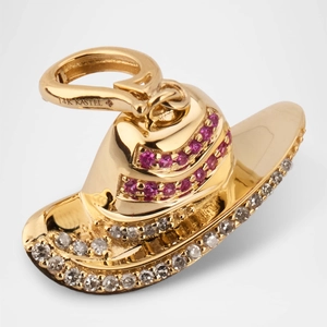Detail of 14K gold cowboy hat pendant featuring pink and white gemstone encrusting