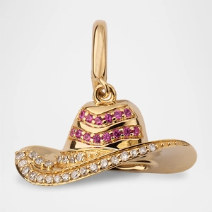 Detail of 18k gold cowboy hat pendant featuring pink gems and sparkling white crystals