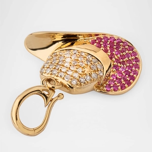 Detail of 18k gold plated cowboy hat charm with pink and white pavé crystal settings