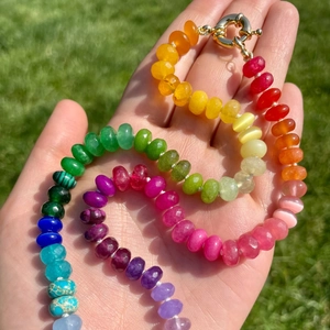 Vibrant rainbow semi-precious gemstone beaded necklace with golden spring clasp detail