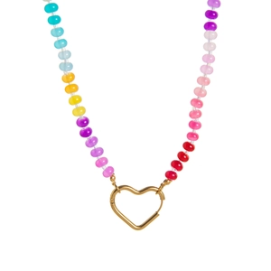 Close-up of colorful beaded necklace with a gold heart-shaped spring clasp fastener