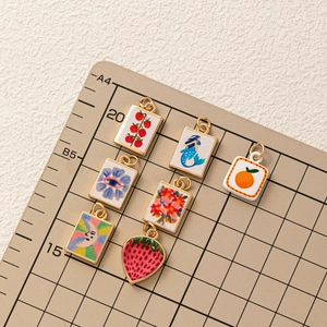 Colorful 18K gold plated square pendants with cartoon fruit and floral patterns