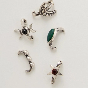 Set of 5 vintage boho ear cuffs with antique silver finish, crescent moon and star motifs