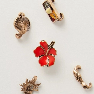 Five-piece set of tropical alloy charms featuring red enamel hibiscus and bronze sea shells