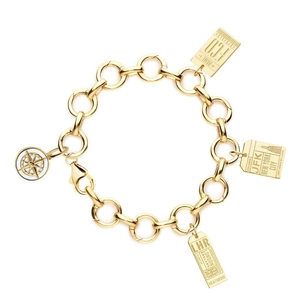 18K gold plated chain bracelet with vintage airport luggage tag and compass pendants