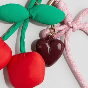 Fashionable cherry and burgundy heart charm keychain with pink braided cord for bag
