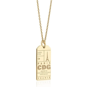 Minimalist 18K gold plated necklace with Paris CDG airport tag pendant and Eiffel Tower icon