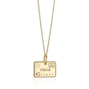 Golden rectangular necklace pendant with Italia passport stamp and Italy icons