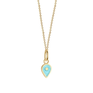 Macro view of gold-plated water-drop necklace with sky blue enamel and link chain