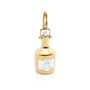 Polished gold rum bottle pendant with pirate logo and hanging loop for DIY jewelry