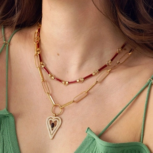 Layered 14k gold-plated necklace set with burgundy enamel and pearl heart pendant