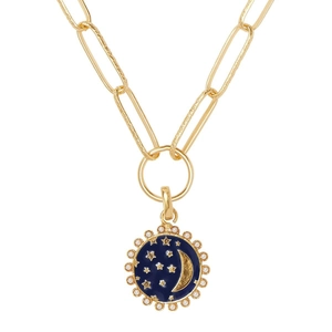 14k gold plated paperclip chain necklace with blue enamel moon and star pendant