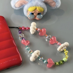Colorful beaded phone strap with pink hearts and white clouds for cameras and phones
