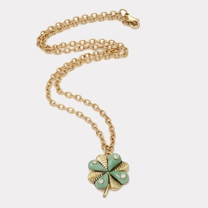 Collier trèfle doré avec pétales de pierres vertes et chaîne en acier plaqué or 18k