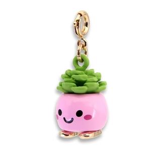 Detail of a cute succulent plant charm with smiley face pot and golden clasp closure