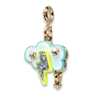 Detail of glittery enamel cloud and lightning bolt bag charm with golden star pendants