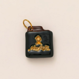 Artistic square ceramic pendant keychain in black and gold with a metal ring