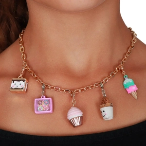 Golden chunky chain necklace featuring colorful miniature dessert and drink pendants